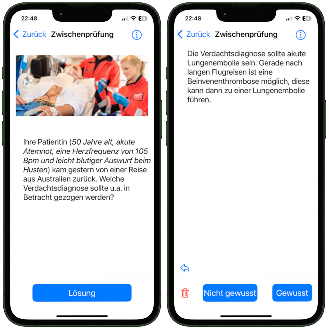 Darstellung einer Lernkarte und der Antwort innerhalb der NotSan App
