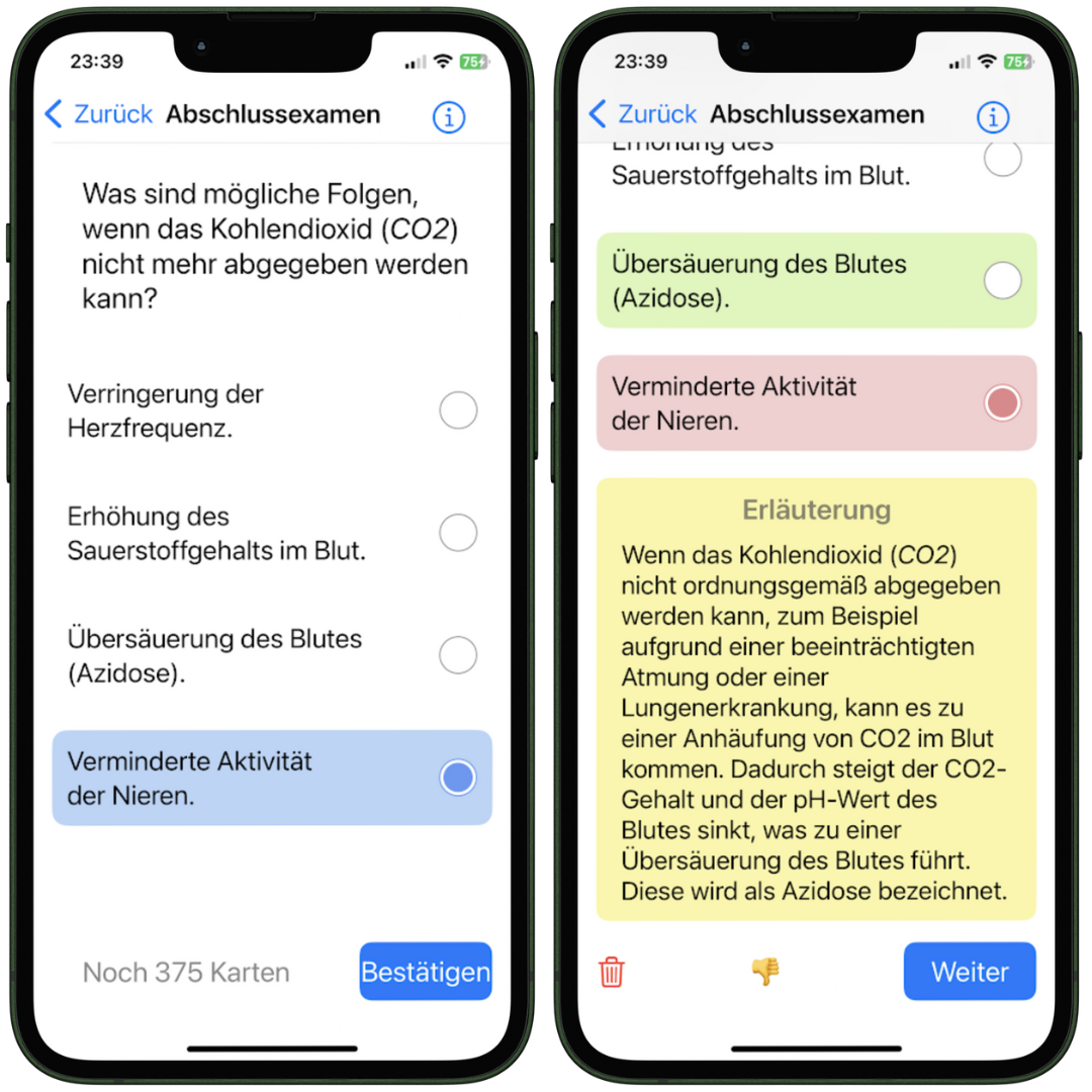 Multiple Choice Frage mit Antwort, dargestellt innerhalb der NotSan App