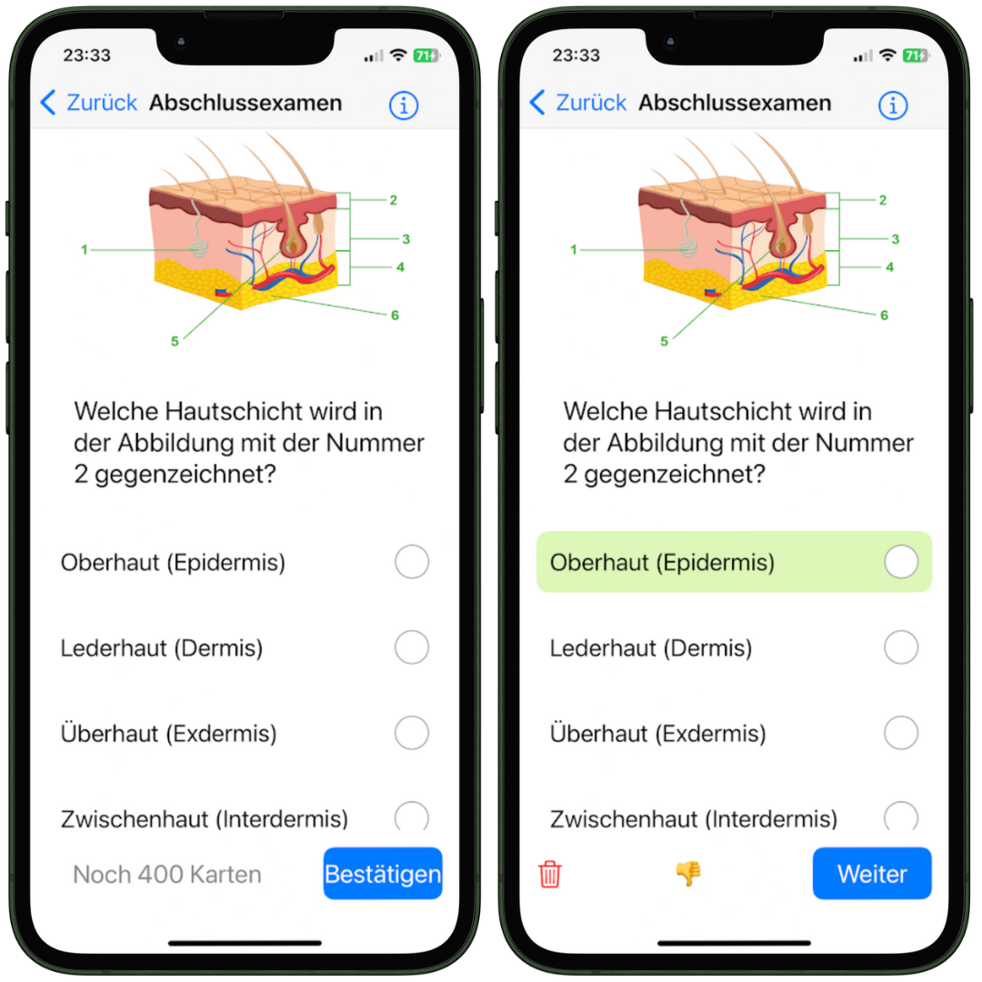 Weitere Multiple Choice Frage mit Antwort, dargestellt innerhalb der NotSan App