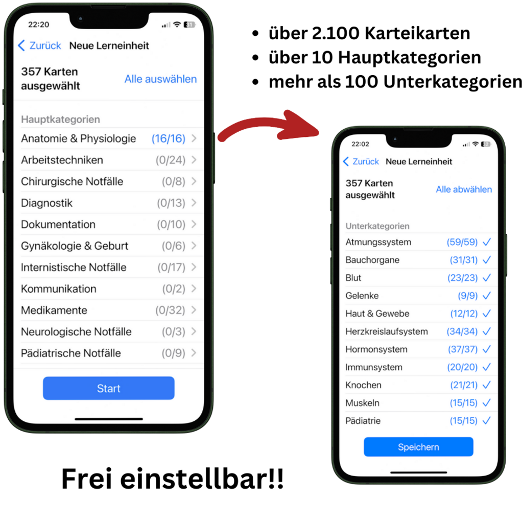 Darstellung der Auswahl von Haupt- und Unterkategorien innerhalb der NotSan App
