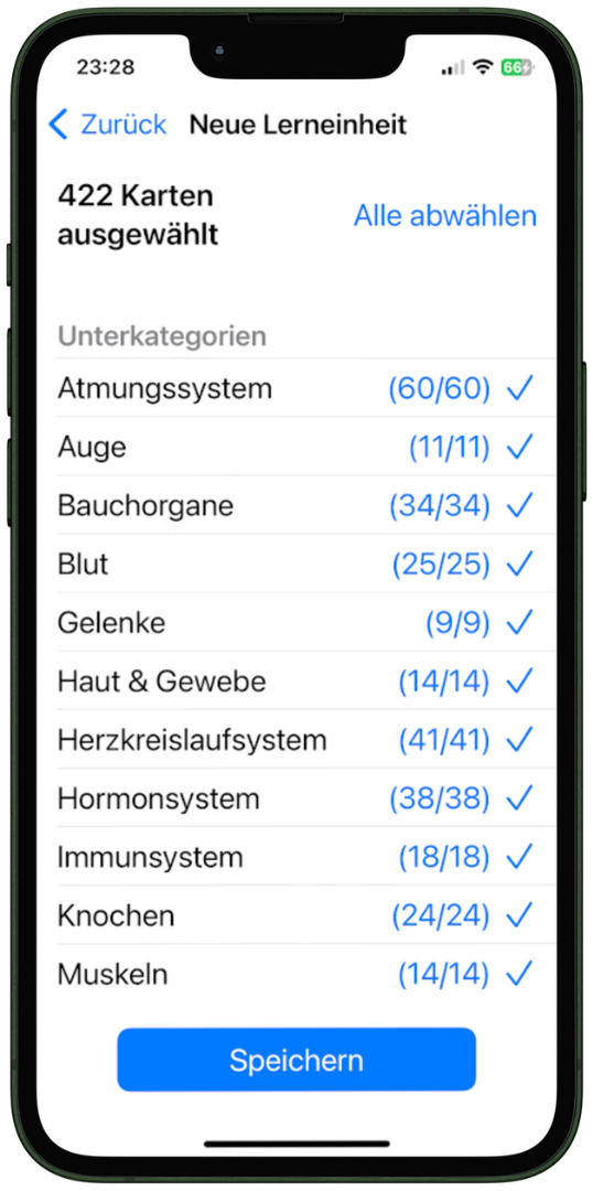 Unterkategorienliste im Bereich Anatomie, dargestellt innerhalb der NotSan App